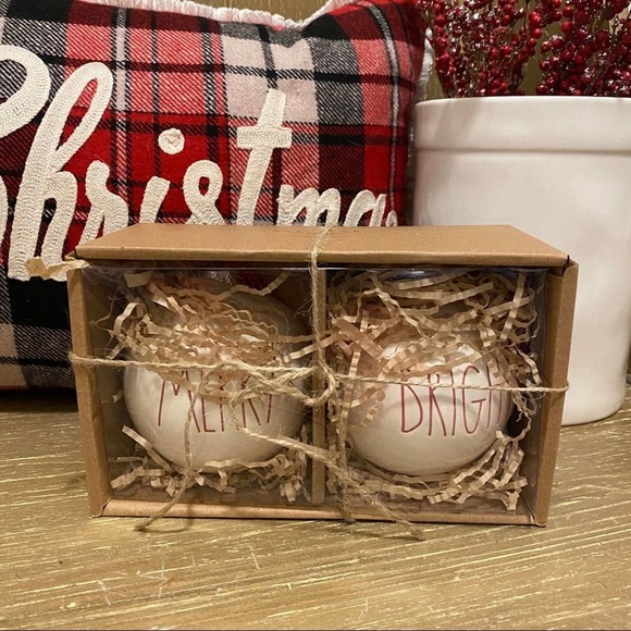 Rae Dunn Ceramic Christmas ornaments MERRY BRIGHT - Picture 1 of 3